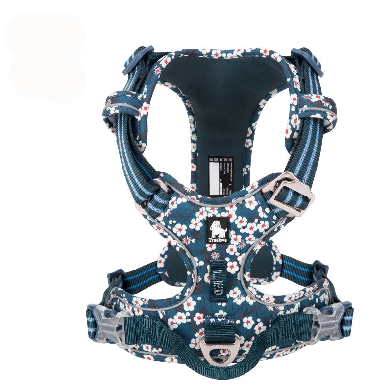 Comfortable and Safe No-Pull Dog Harness with a Floral Design | Saxony Blue
